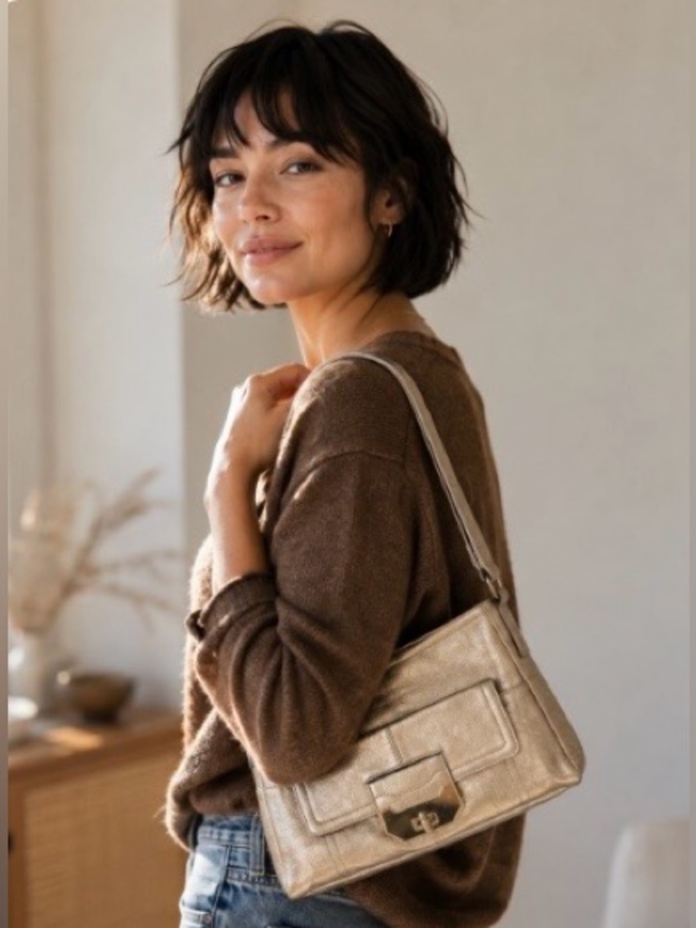 B. Makowsky Metallic Gold Leather Shoulder Bag